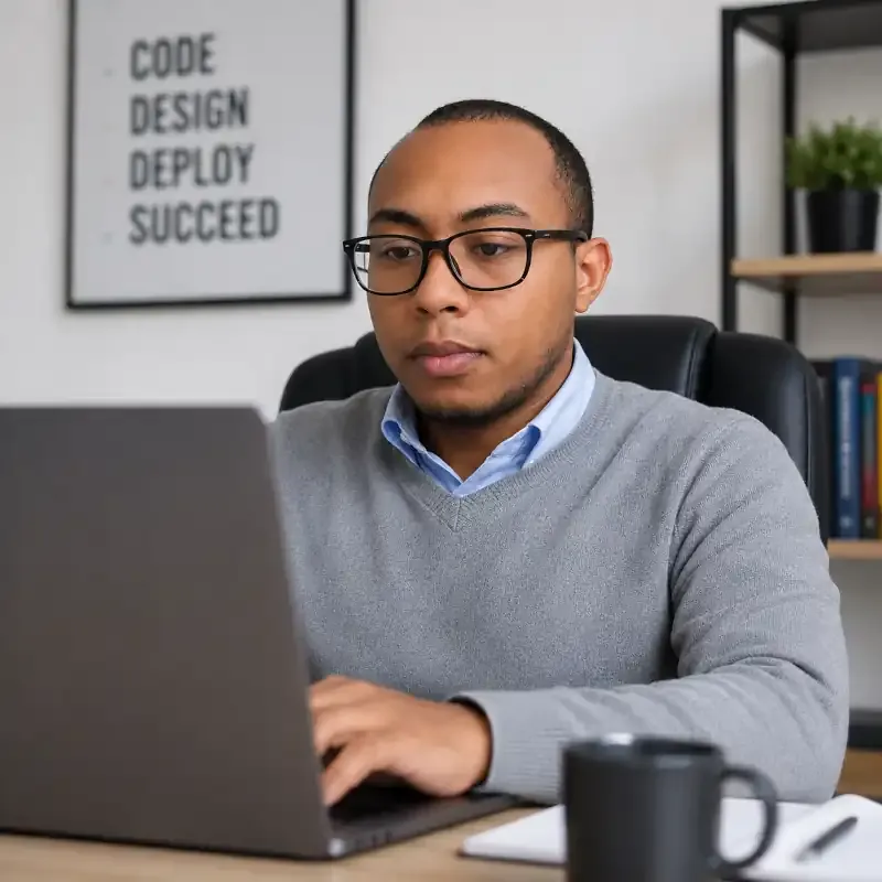 Manantsalama Andrianonimamy, CEO et développeur web Full-Stack chez Oovertech, travaillant sur un ordinateur pour concevoir des applications web et piloter des projets de transformation digitale.