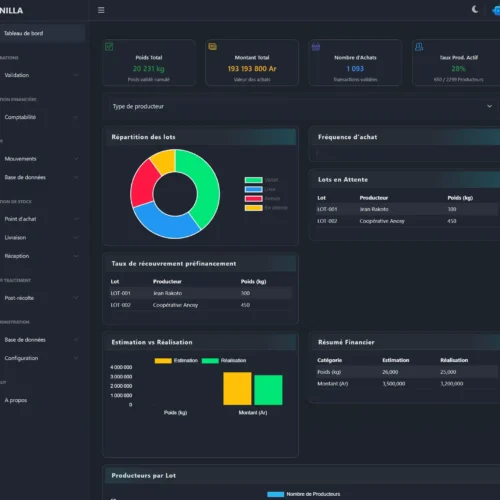 Développement d'application métier sur mesure pour une application de gestion de vanille développée avec React.js, Node.js, React Native et MySQL.